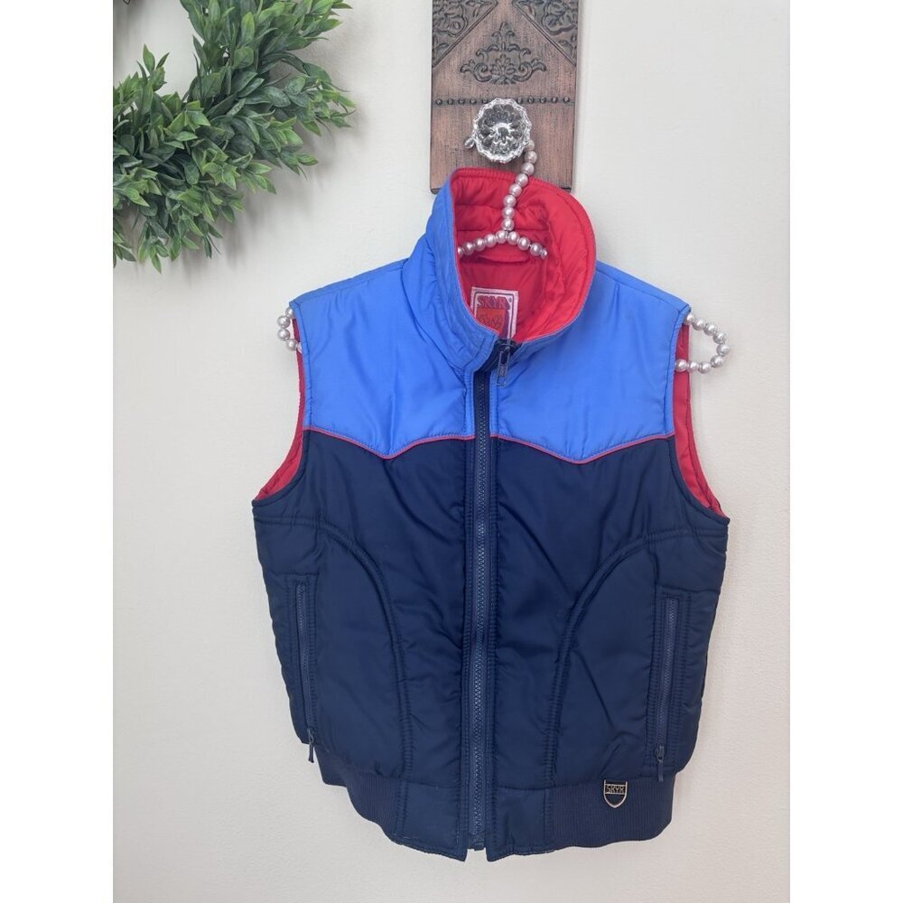 Vintage SKYR Juniors Size Large Blue Puffer Vest Full Zip Ski Snow Pockets Retro
